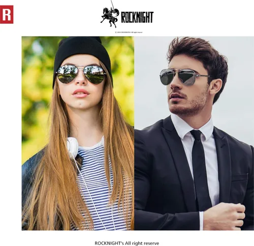 Vista 2 de ROCKNIGHT Lentes de sol polarizados estilo aviador para hombres y mujeres, lentes de sol con parte superior plana de metal, ligeras