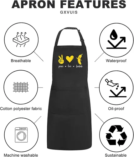 Vista 5 de Peace Love - Delantales de plátanos para mujer con 2 bolsillos, bonito gráfico de frutas, impermeable, ajustable, delantal de cocina