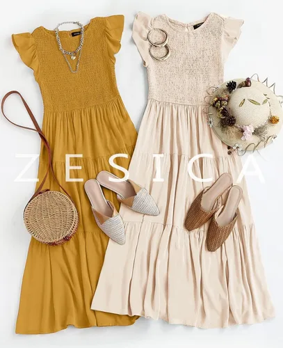 Vista 8 de ZESICA - Vestido por debajo de la rodilla para mujer, diseño informal y escalonado de manga corta, con cuello redondo y cintura elástica fruncida