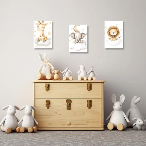 Vista 4 de DOARTDO Lienzo decorativo para cuarto de bebé, 3 piezas, diseño de elefante, león, jirafa, pintura para habitación de niños, marco decorativo