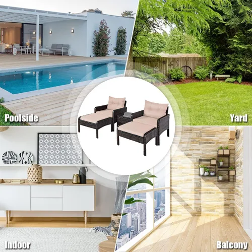 Vista 6 de Juego de muebles de patio de 5 piezas, silla de mimbre de ratán para conversación al aire libre con 2 otomanas y mesa de centro de vidrio templado