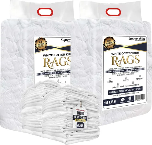 Vista 11 de Trapos de Limpieza Premium de Camisetas Blancas (Bolsa de 1 libra) – Trapos de Algodón Blanco para Limpieza, Teñido, Pintura, Aceite, Grasa