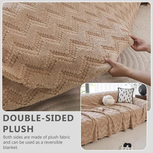 Vista 3 de Funda de sofá de forro polar Sherpa para sofá de 3 cojines, marrón, 71" x 150" - Fundas de sofá a prueba de mascotas de servicio pesado resistentes