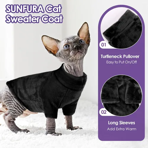 Vista 3 de Suéter Abrigo de Cuello de Tortuga para Gato, Ropa Sphynx Pijamas Solo para Gatos, Suéteres de Vellón Pullover para Gatitos con Mangas, Mono