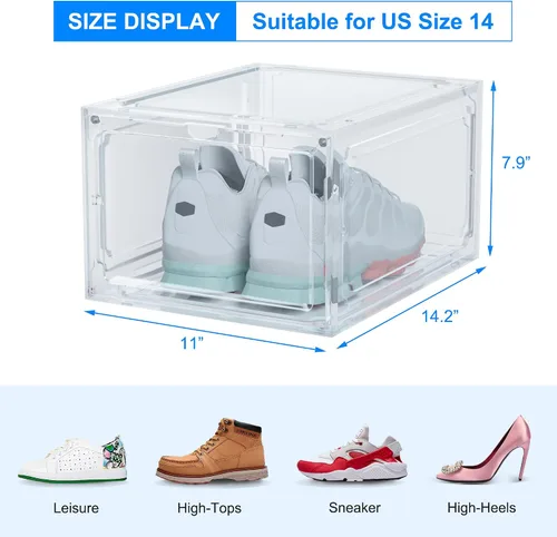 Vista 2 de HIYOHIYO Cajas de zapatos apilables de plástico transparente tamaño 14, contenedores magnéticos para zapatos, caja de almacenamiento plegable