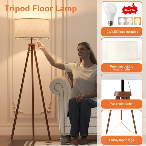 Vista 2 de LiteHistory Lámparas de pie de trípode de madera para sala de estar, dormitorio y oficina, lámpara de pie con pantalla de lino beige, bombilla