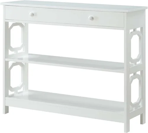 Vista 8 de Convenience Concepts Mesa consola Omega con 1 cajón, parte superior de madera flotante/marco blanco Tapa de madera flotante/marco blanco