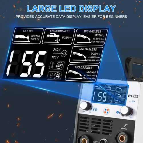Vista 4 de FLARING 155Amp Soldador MIG, Soldador de núcleo de flujo 110V Flux MIG/Lift TIG/Stick Máquina de soldadura 3 en 1 con gran pantalla digital LED