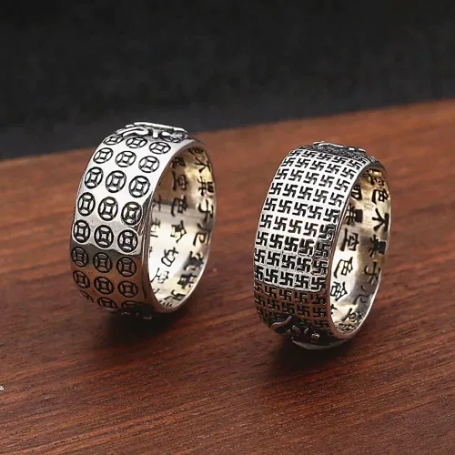 Vista 3 de JUNTEN Feng Shui PIXIUToad MANI Mantra Ring 990 Sterling Silver Ring Amulet Lucky Wealth Open Adjustable Rings Buddhist Jewelry
