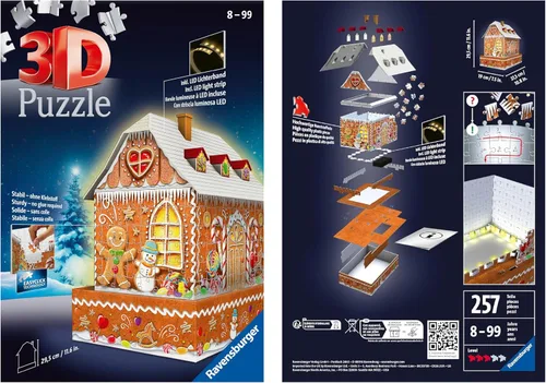 Vista 7 de Ravensburger - Casa de pan de jengibre 3D con luces - Rompecabezas de 216 piezas - Casa tradicional de pan de jengibre con base resistente e