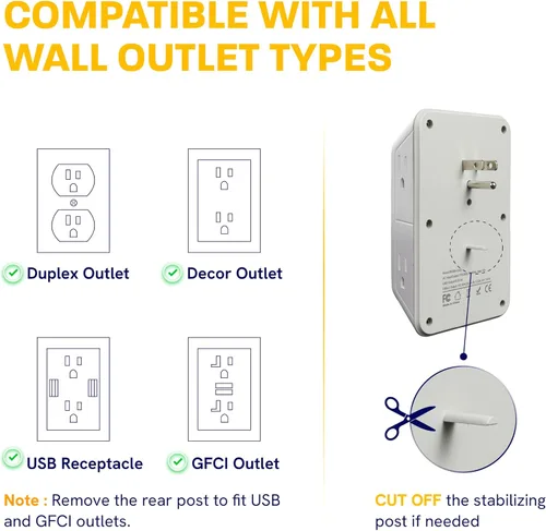 Vista 9 de Extensor de toma de pared de enchufe múltiple, divisor de 6 salidas y 4 puertos USB con carga rápida PD USB-C de 20 W, luz nocturna inteligente