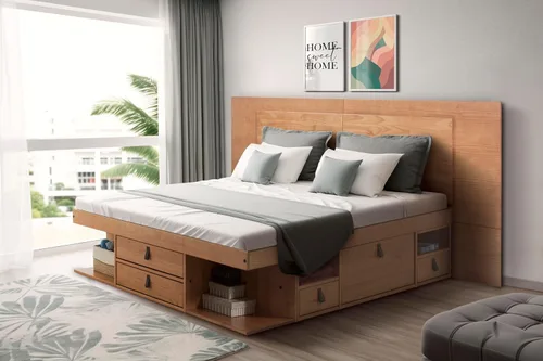 Vista 15 de Memomad Bali Set: Plataforma de almacenamiento con cajones + Cabecera con estantería (Tamaño individual, madera color marrón caramelo)