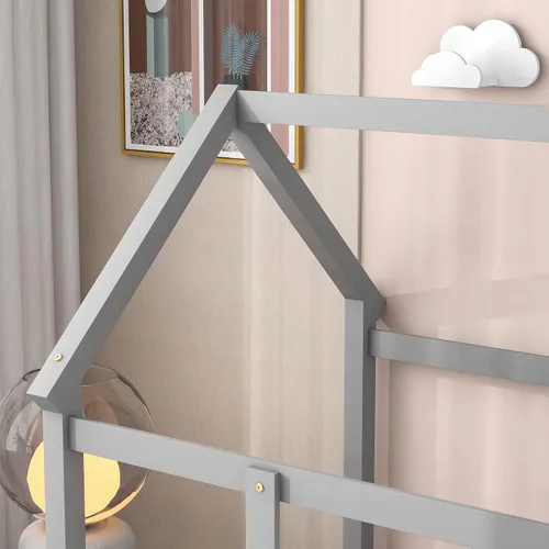 Vista 5 de Cama individual de madera con barandilla de valla para niños y niñas, tienda de campaña con toldo con techo (gris)