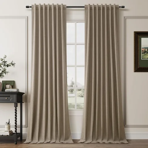 Vista 7 de BOODII Cortinas de lino 100% opacas para dormitorio de 108 pulgadas de largo, con aislamiento térmico, oscurecimiento de la habitación, cortinas