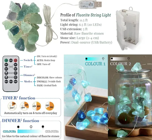 Vista 3 de Guirnalda de luces LED de fluorita natural para dormitorio, 6.5 pies, funciona con USB, funciona con pilas, luces de hadas azules, decoración