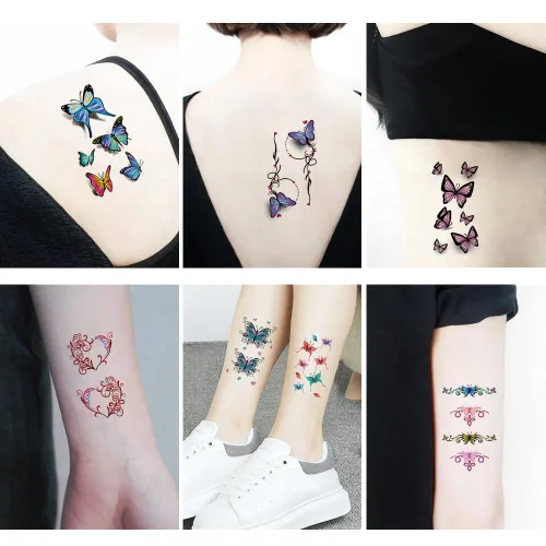 Vista 4 de 60 hojas de tatuajes temporales de flores, tatuajes de mariposas, palabras, líneas, tatuajes para adultos, hombres y mujeres