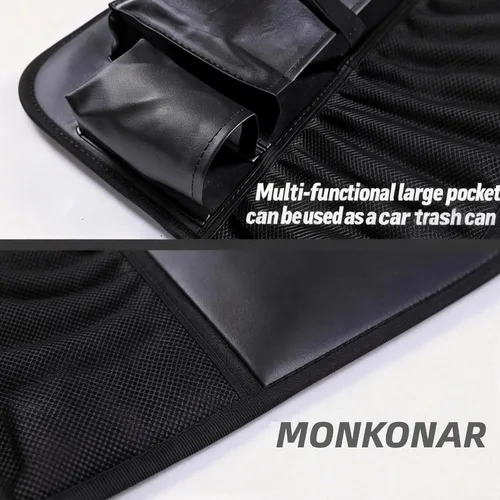 Vista 3 de Organizador de cuero para asiento trasero de automóvil con soporte para tableta, 9 bolsillos de almacenamiento grandes, bandeja plegable