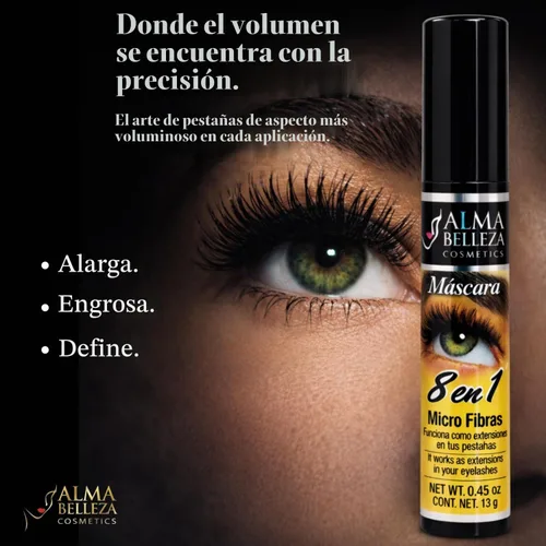 Vista 3 de Máscara de pestañas 8 en 1 con microfibras – Máscara de pestañas voluminizadora y alargadora, define, espesa y extiende las pestañas, maquillaje