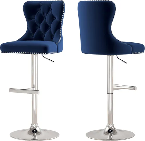 Vista 13 de Juego de 2 taburetes de bar, taburetes giratorios de terciopelo con respaldo copetudo, asiento ajustable con ribete de cabezas de clavos, sillas