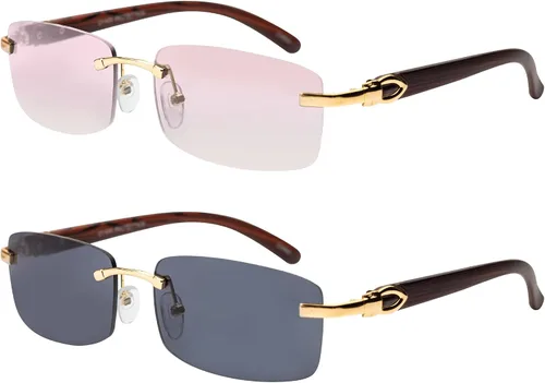 Vista 12 de Gafas de sol de aviador Elite Slim sin montura, rectangulares, metal y madera Paquete de 2: negro-humo