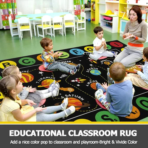 Vista 6 de Capslpad Alfombra de aula con sistema solar, 6.6 x 9.8 pies, antideslizante, con alfabeto ABC, alfombra para niños, alfombra educativa de área