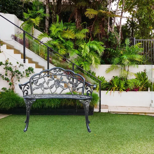 Vista 5 de Banco de aluminio fundido para exteriores, banco de jardín de rosas para patio, parque, césped, patio (bronce)