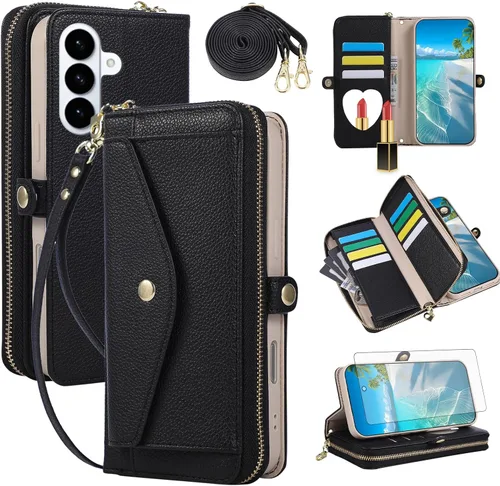 Vista 59 de Asuwish Funda de teléfono para Samsung Galaxy S23 5G con cremallera, funda para celular con protector de pantalla, correa para el hombro, espejo