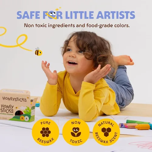 Vista 4 de Honeysticks - Ceras de cera de abejas 100 % pura (12 unidades) - Ceras no tóxicas para niños pequeños de 1 a 3 años, seguras para bebés a partir