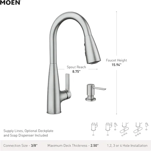 Vista 8 de Moen Haelyn - Grifo de cocina monocontrol con rociador extraíble cromado con potencia para una limpieza más rápida, dispensador de jabón incluido