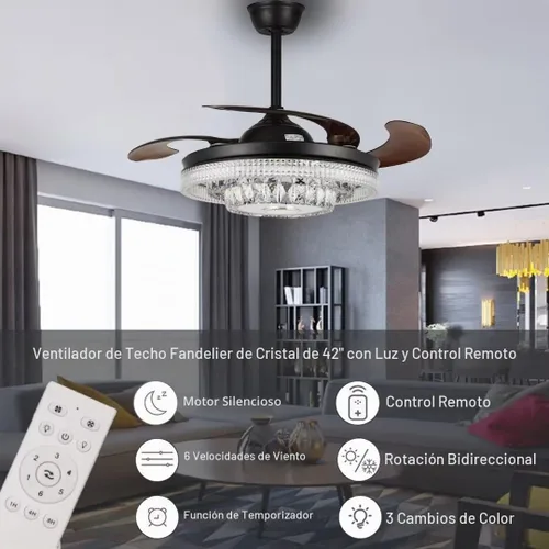 Vista 2 de Ventiladores de techo modernos de cristal de 42 pulgadas con luces 7 colores regulables/Bluetooth/rotación bidireccional - Negro 3