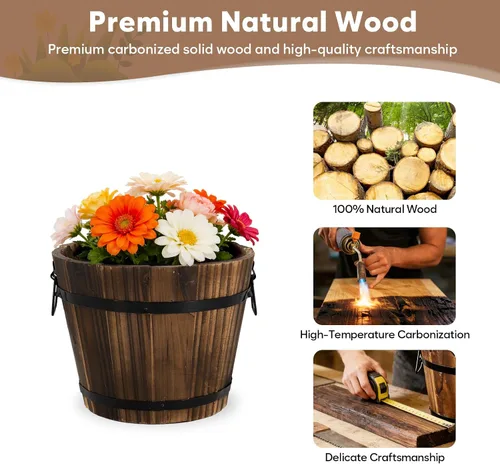 Vista 3 de Macetas pequeñas de madera con forma de barril, 6.3 pulgadas + 5.3 pulgadas, macetas rústicas de flores con agujeros de drenaje para decoración