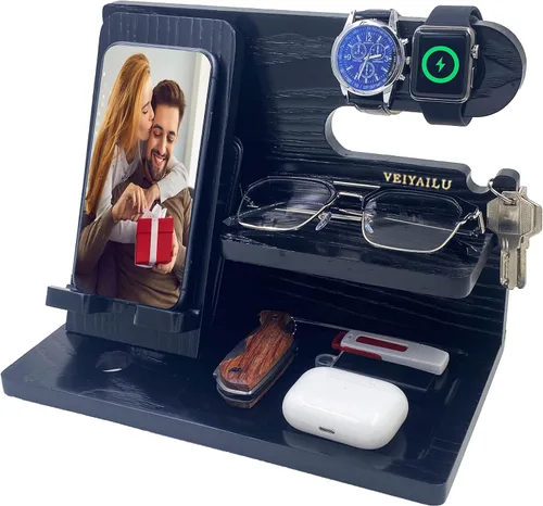 Vista 8 de VEIYAILU Estación de acoplamiento para teléfono de madera de nogal para hombres, regalos para él, novio, papá, marido, hermano, hijo, aniversario
