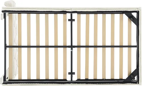 Vista 6 de Cama de plataforma flotante, marco de cama de madera tamaño individual con rayas claras, tela de lino suave y cabecera de diseño capitoné