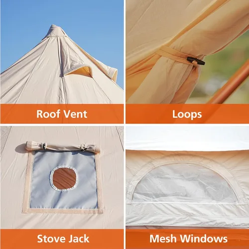 Vista 6 de Tienda de Campana de Lona con Toma de Estufa - Yurta Impermeable y Transpirable, Tienda de Glamping con Sábanas Desmontables para Fiesta de Camping