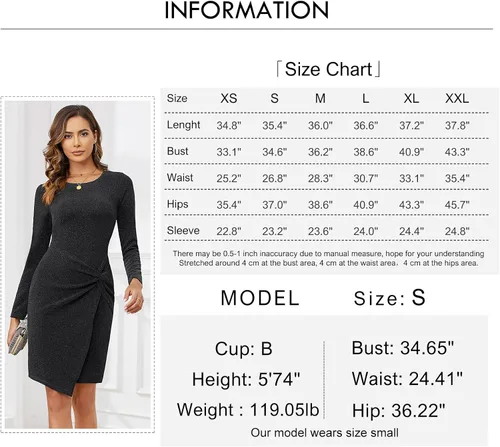 Vista 6 de Byinns Vestido de cóctel de manga larga con purpurina y lentejuelas para mujer, vestido de cóctel con lazo en la cintura