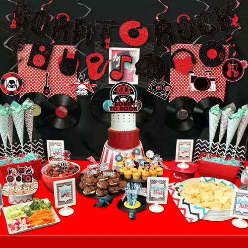 Vista 5 de Decoraciones de fiesta de rock and roll, incluyendo pancarta de Born to Rock, remolinos colgantes, adornos para pasteles, globos, pulseras