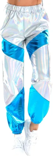 Vista 2 de IDOPIP Pantalones deportivos metálicos brillantes para mujer con bloques de color holográficos cintura alta reflectantes para Halloween disfraz sexy