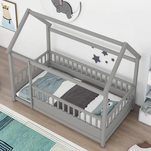 Vista 5 de Harper & Bright Designs Marco de cama de piso de casa de tamaño individual con valla, cama Montessori de madera con marco de techo de casa Gris