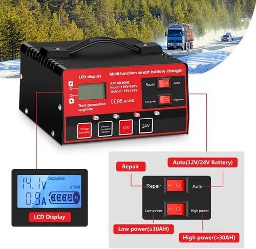 Vista 9 de Outerman - Cargador de batería de automóvil, 12 V, 24 V, de plomo-ácido, pantalla LCD, mantenimiento automático de batería inteligente