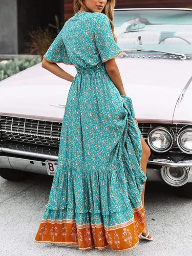 Vista 2 de R.Vivimos Vestido por debajo de la rodilla, para mujer, manga corta, de algodón, con cuello en V, diseño floral y estilo informalbohemio