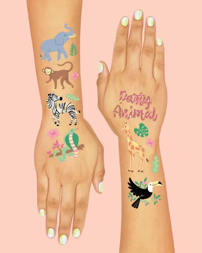 Vista 4 de xo, Fetti Tatuajes temporales de la selva - 36 estilos Arte de elefante + manualidades, suministros para fiesta de cumpleaños de animales