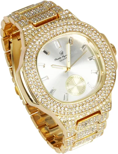 Vista 6 de Brazalete cubano con reloj oblongo destellos brillantes 8475BC reloj hip hop cubano