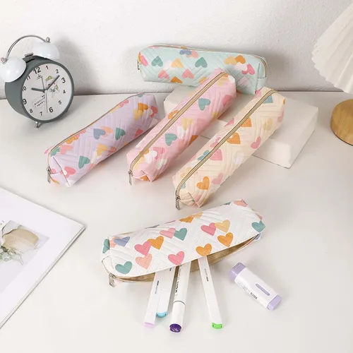 Vista 5 de Pequeña bolsa de lápiz lindo maquillaje corazón pluma bolsa mujer oficina papelería Comestic bolsa Azul