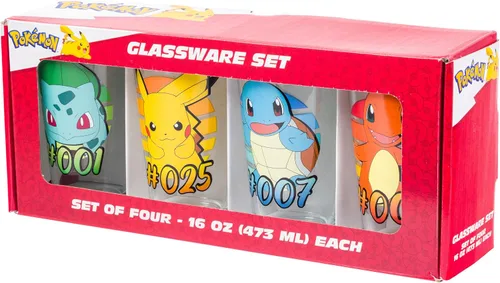 Vista 7 de Silver Buffalo Pokémon Original Starters con Charmander, Squirtle, Bulbasaur y Pikachu, Set de 4 Vasos de Pinta de 16 Onzas (Paquete de 4)
