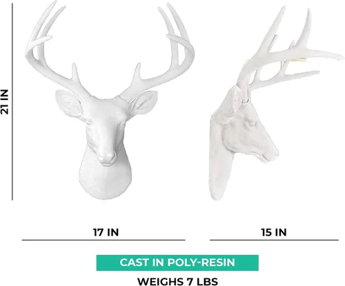 Vista 4 de Cabeza de ciervo, decoración de pared de Wall Charmers. Busto de imitación de taxidermia, metalizado, fabricado en resina, Poliresina, Blanco, L