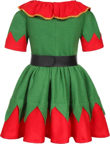 Vista 3 de Disfraz de elfo de Navidad para niñas, vestido de elfo navideño con sombrero de elfo