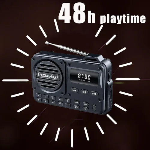 Vista 4 de Radio de bolsillo FM con carga USB-C, 2000 mAh, recargable, excelente recepción, altavoz transparente y conector para auriculares, pantalla LCD