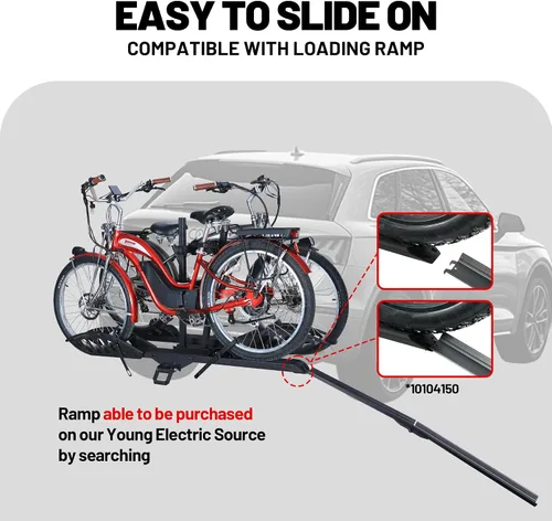 Vista 6 de Young Electric Soporte de enganche para bicicleta eléctrica de 200 libras, estilo plataforma para autos, camiones, SUV, furgonetas, caravanas, se