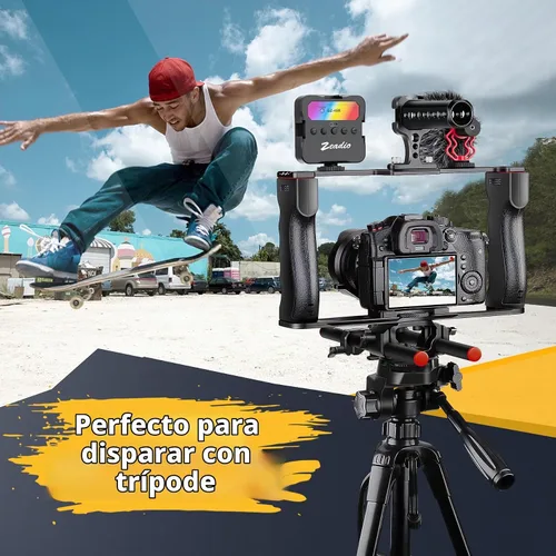 Vista 4 de Zeadio Kit de aparejo de video todo en uno, jaula de cámara de mano de aluminio con luz de video RGB, micrófono, mango superior, guía de varilla