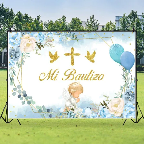 Vista 6 de Telón de fondo de bautismo, 7 x 5 pies, diseño de hojas de eucalipto florales azules y rosas, fondo de fotografía con tema de ángel, decoración